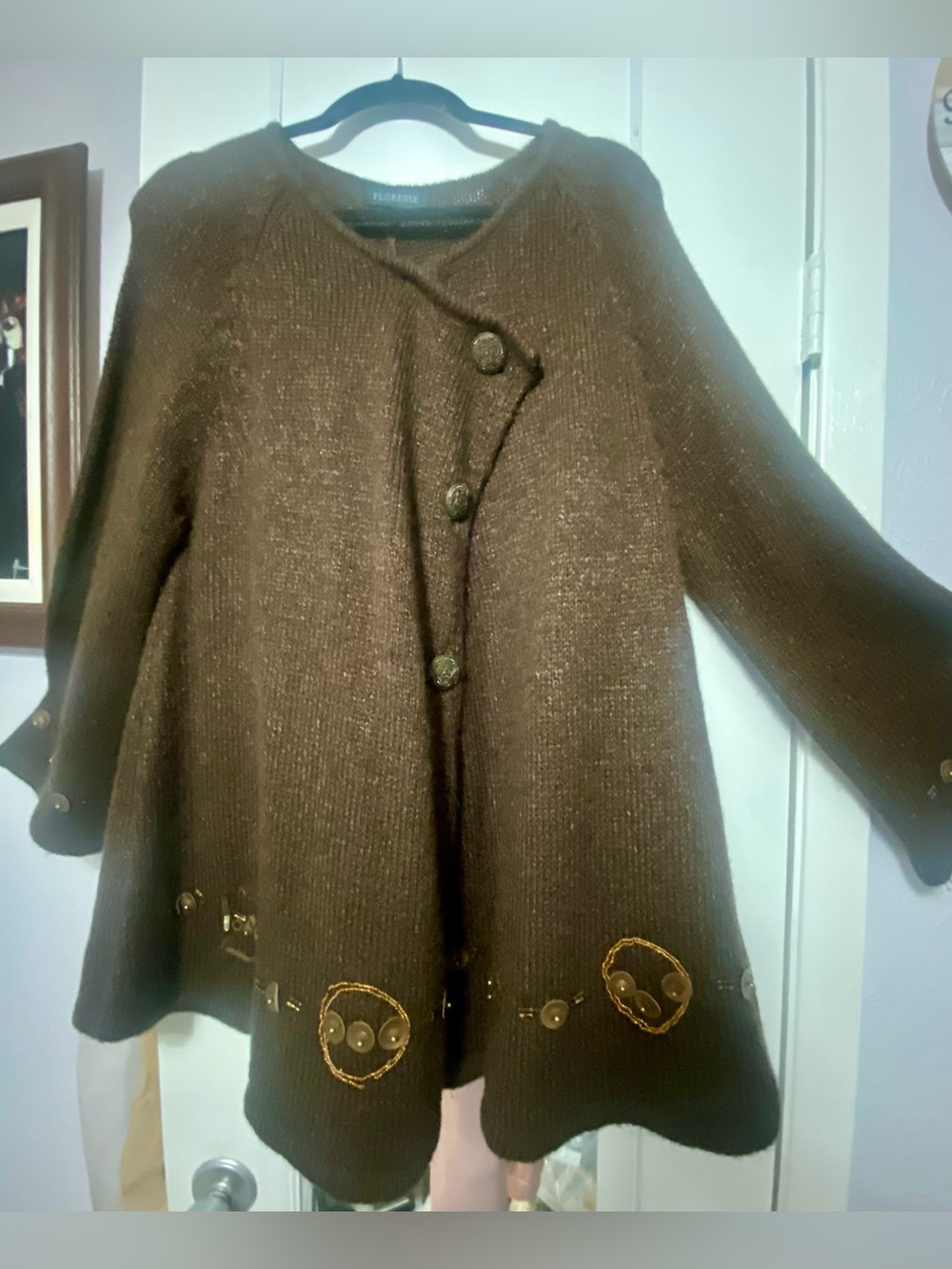 Soft Brown Embellished Button-Front Women's Cardigan Flared Sweater/Coat